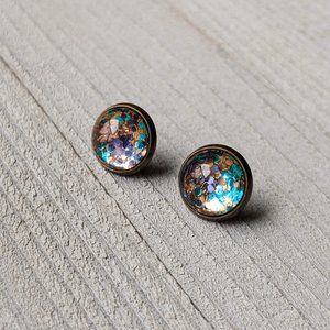 Glass Dome Bronze Stud Earrings with Purple, Teal, & Peach Glitter